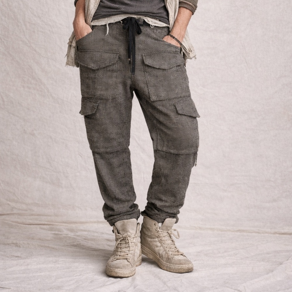 Greg Lauren Houndstooth Wool Cargo Lounge Pant Drop Crotch‎